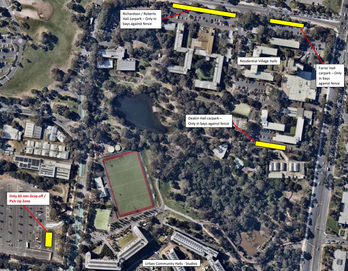 A map of Monash Clayton campus, showing the locations where TAXIBOX is able to park. These areas are Roberts carpark, Farrer carpark, and Deakin carpark for overnight deliveries, and the drop-off zone opposite the urban community halls for 30 minutes only.