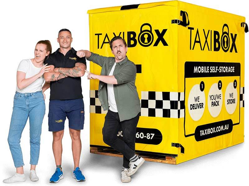 A Yellow TAXIBOX Mobile Storage Box Featuring TAXIBOX and Friends
