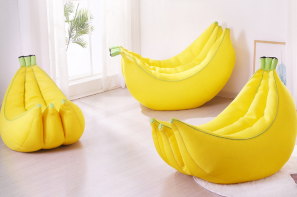 Interior decorating tips and tricks for renters, featuring banana beanbags