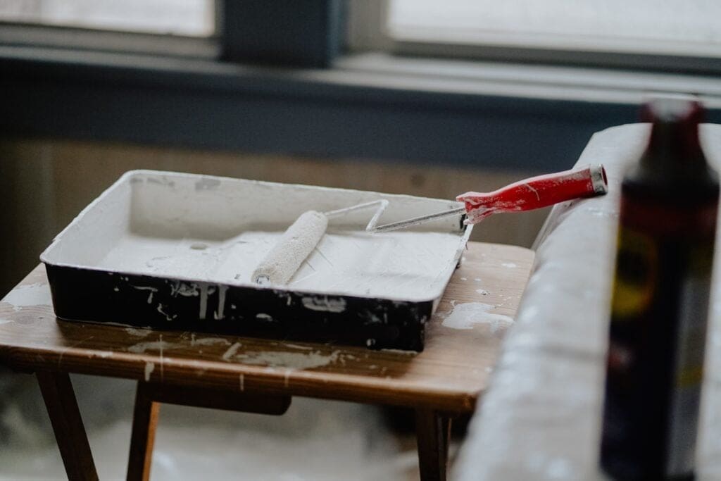 White paint roller mess during draining renovation project